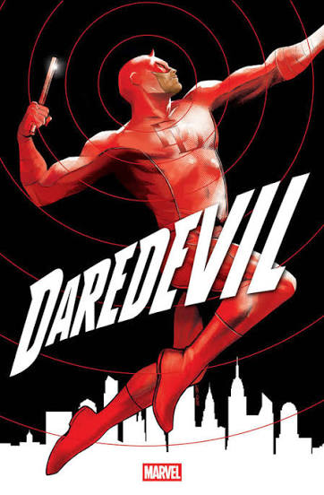 Comic book cover featuring Daredevil in a red suit with a black background